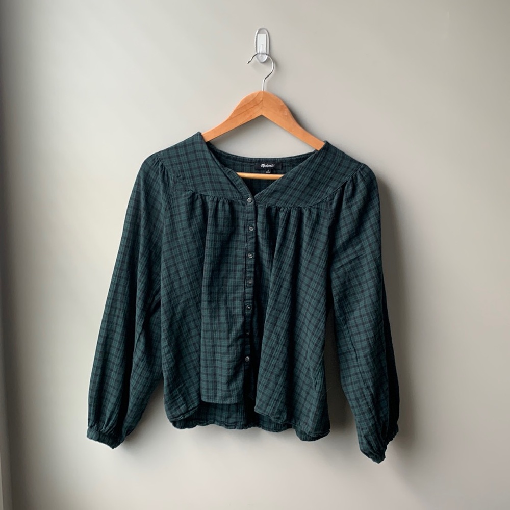 Madewell green flannel peasant top